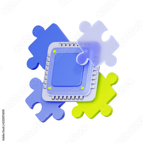 Foto 3D illustration of computer microchip with colorful puzzle pieces for system integration, hardware assembly, tech solution, software compatibility, and it infrastructure development
