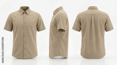 Shirt mockup showcases a beige button-down garment from multiple angles to provide a comprehensive visual reference for apparel designers looking to display their custom patterns or branding.