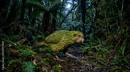 Kakapo parrot walking on forest floor surrounded by lush green ferns with flightless bird national park endangered new zealand wildlife conservation environment undergrowth foraging creature