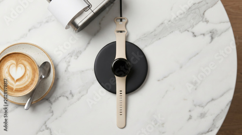 Instant payment nfc smartwatch on wireless charger table