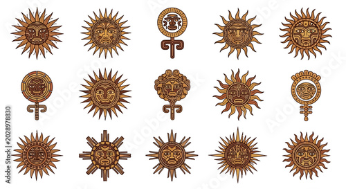 Fotografie Collection of Ancient Sun Symbols, Aztec and Inca Inspired Designs, Wooden Textu