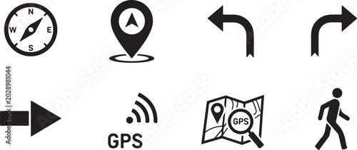 Navigation icons for travel and directions on a map with GPS technology