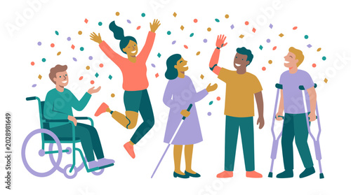 Flat illustration of diverse group of people with various disabilities celebrating together with colorful confetti, symbolizing social inclusion and provides accessibility representation