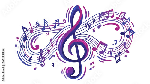 Abstract purple and blue treble clef design with flowing musical notes and stave lines on white background, representing melodic harmony and symbolizing creative audio production or sound branding