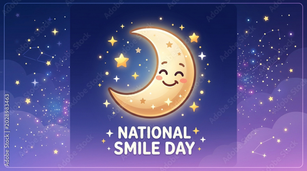 Naklejka premium Smiling crescent moon icon with stars and text for national smile day celebration