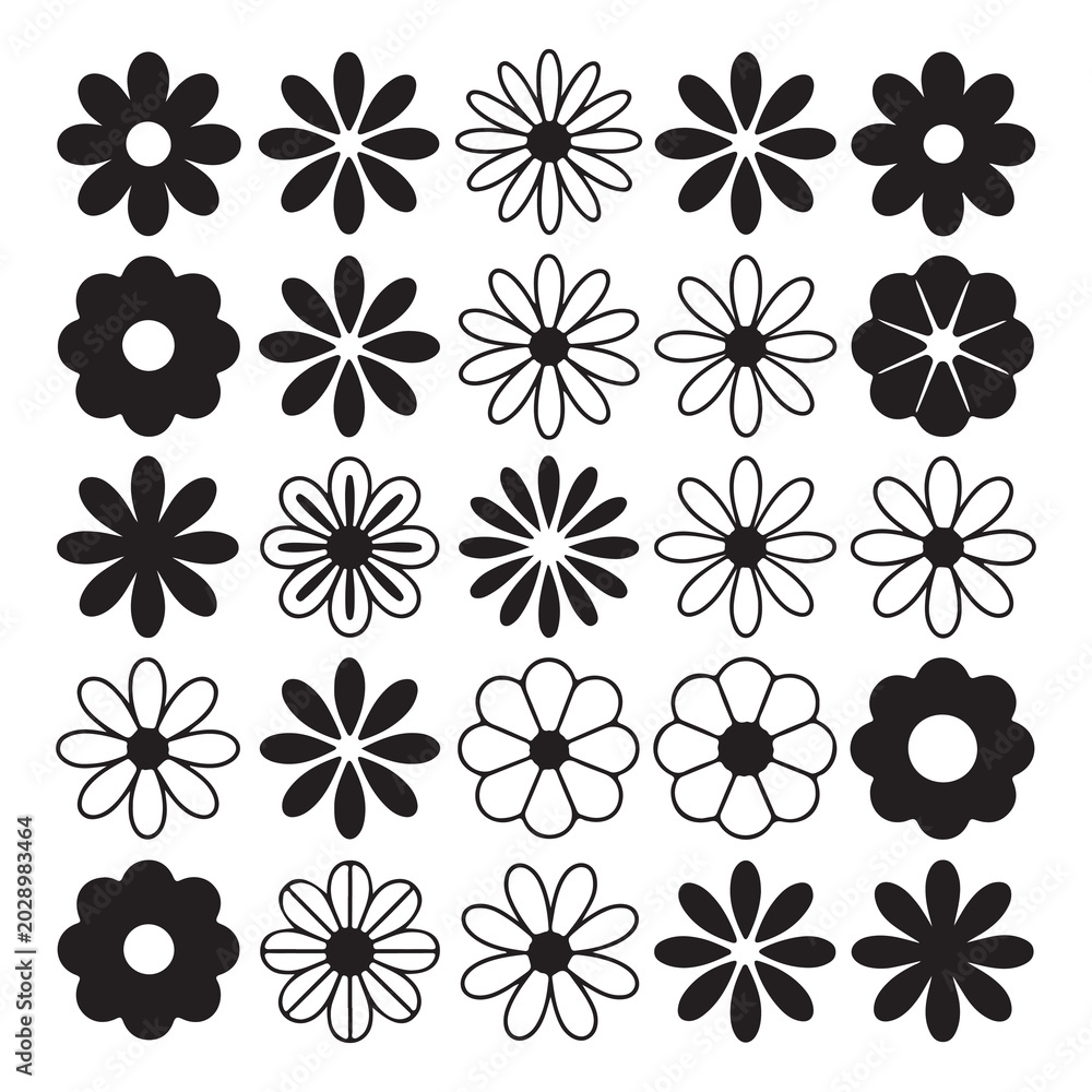 Obraz premium Set of various black and white flower icons featuring different petal shapes and styles for decorative design projects