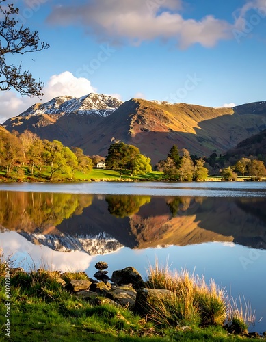 Serene mountain lake reflection landscape scenery.