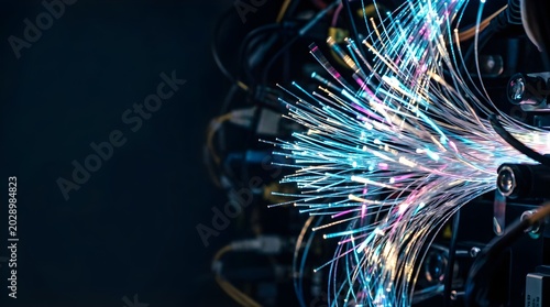 Glowing fiber optic cables transmitting data signals in a server room