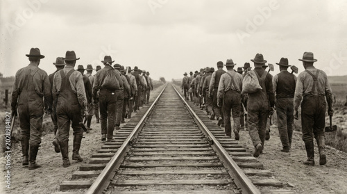 Descending Railroad Workers in Historic Western Field