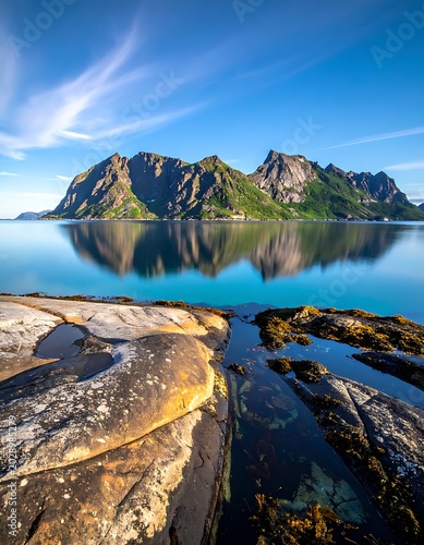 Serene mountain lake reflection landscape scenery.