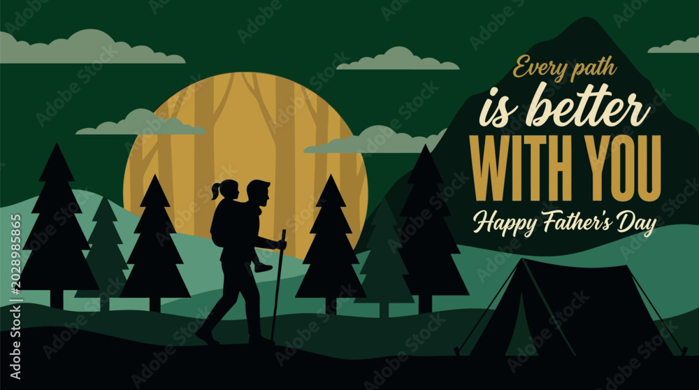 Naklejka premium Father and Child Hiking Together in Forest Wilderness for Father's Day Greeting Cards, Outdoor Family Lifestyle Campaigns, and Adventure Brand Promotions