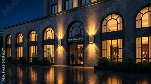 Two people enter a grand hotel lobby illuminated by warm, inviting exterior lights at dusk.