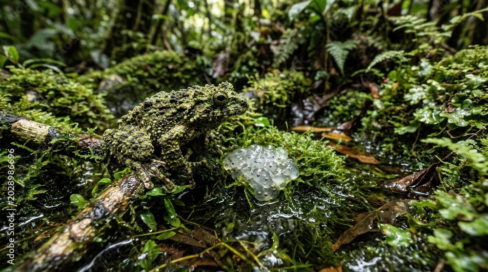 Fototapeta premium A toad in a lush, green forest with moss and ferns.