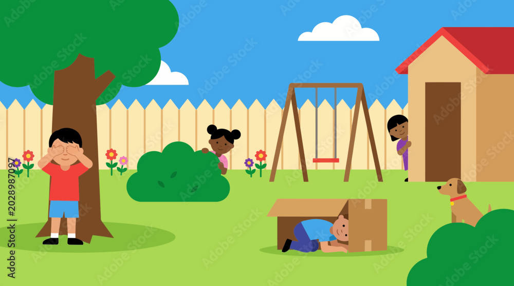 Fototapeta premium Children playing hide and seek in backyard