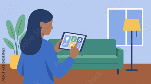 Foto Woman using smart home system on tablet