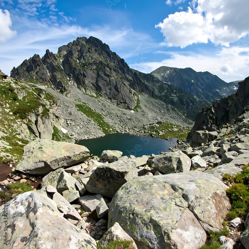 Serene mountain lake surrounded by rocks.