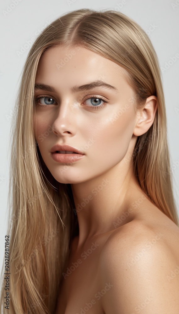 Naklejka premium A close-up portrait of a young woman with flawless skin, long blonde hair, and blue eyes, looking directly at the camera against a plain background.