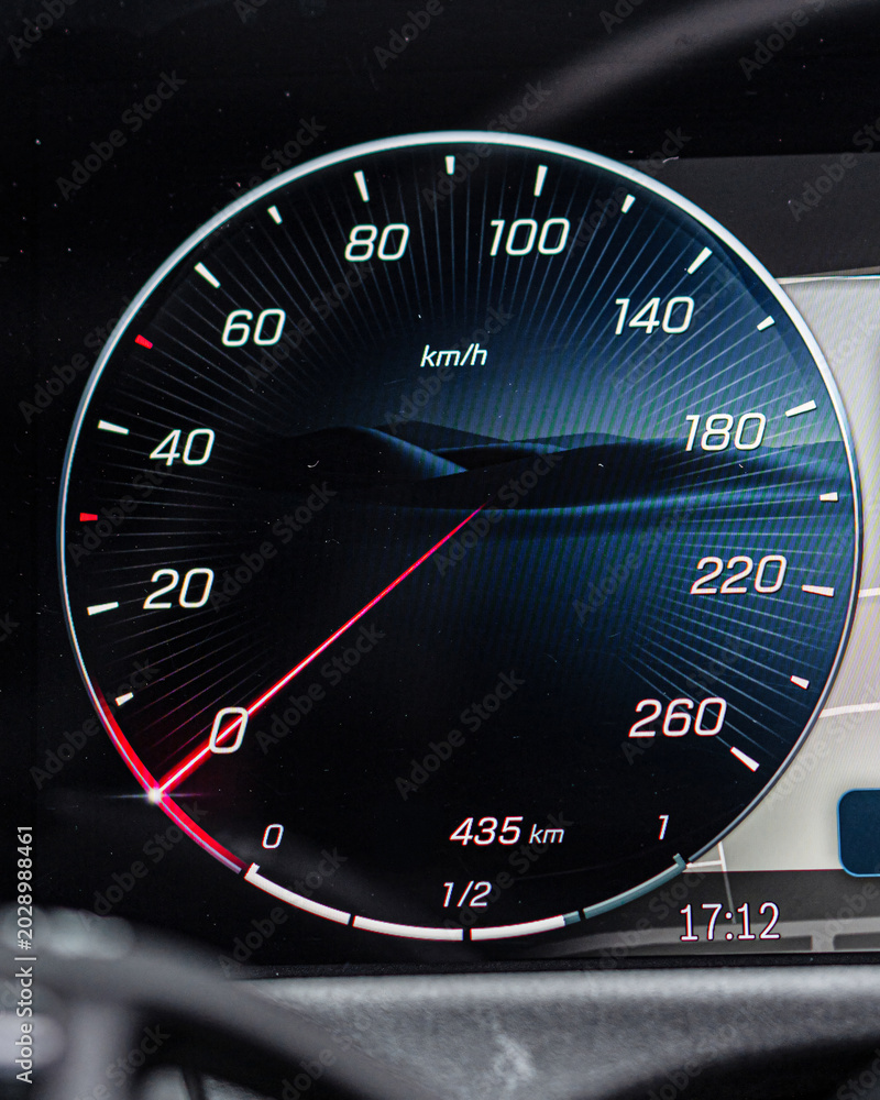 Fototapeta premium Close Up Car Speedometer Dashboard in Motion.