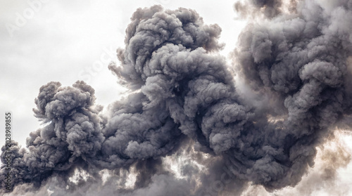Fotografi Massive dark gray smoke plume billowing intensely upwards into a cloudy sky, depicting a large scale fire