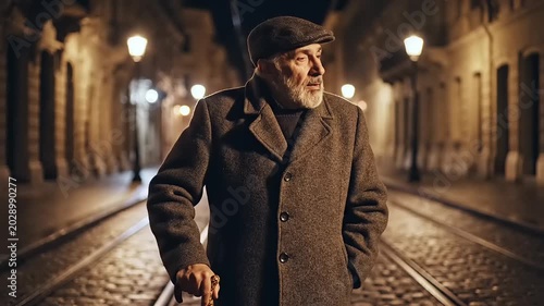 Elderly man walking down a cobblestone street at night, looking thoughtful.
