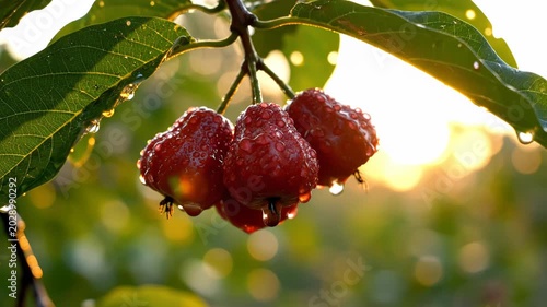 Sunlit Red Fruits with Dew on Branch in Natural Setting. Suitable for Tropical Farming Documentary Footage, Tropical Country Travel Video Openers, Organic Food Brand Promotional Clips