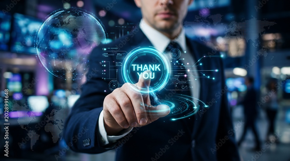 Fototapeta premium Businessman touching a glowing digital interface button displaying a