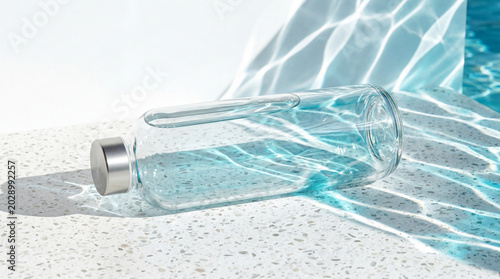 Clear glass water bottle lying on a terrazzo surface next to a swimming pool with beautiful ripple caustics.