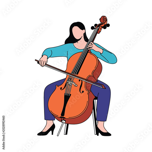 Foto Female cellist seated and playing a cello with bow.