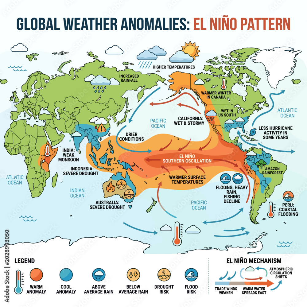 Naklejka premium Global weather anomalies map showing El Niño pattern effects