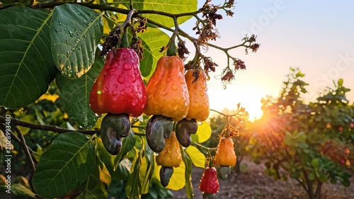 Vibrant Cashew Fruits on Tree at Sunrise in Tropical Orchard. Suitable for Tropical Farming Documentary Footage, Tropical Country Travel Video Openers, Organic Food Brand Promotional Clips