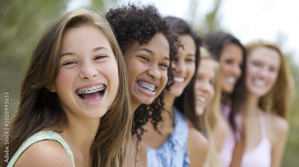 Fototapeta premium Cheerful teens with dental braces posing together outside. Diverse children and adolescents smiling with colorful orthodontic brackets and healthy teeth in friendship concept
