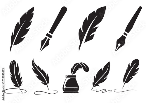 Tablou pe pânză Black feather and quill writing set icons Vector, illustration