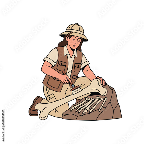 Foto Paleontologist Examining Dinosaur Fossil Skeleton On Site.