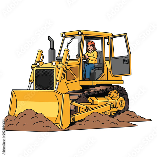 Yellow Bulldozer Operator on Construction Site.