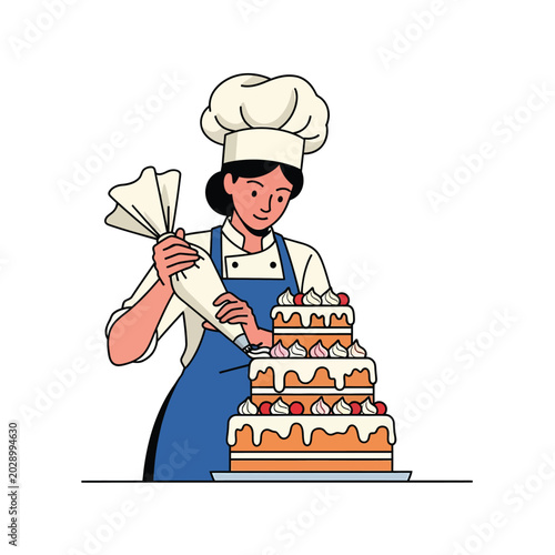 Professional chef decorating a large multi tier cake.