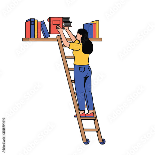 Woman on Ladder Reaching Books on Shelf.