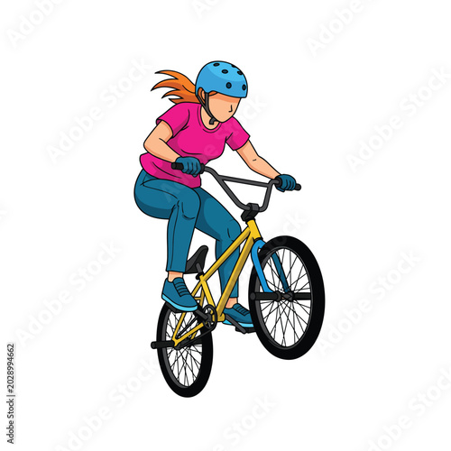 Young female cyclist performing bicycle stunt in action.