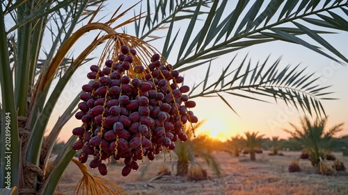Sunset Over Date Palm Grove with Ripe Fruit