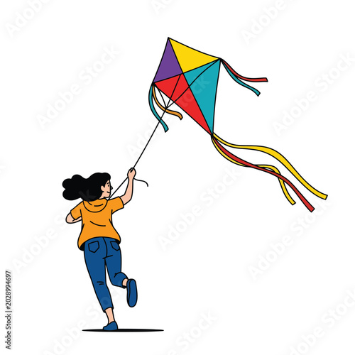 Young girl flying colorful kite outdoors.