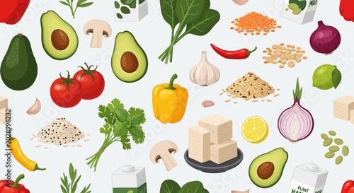 Healthy Vegan Food Seamless Pattern with Vegetables and Plant Based Ingredients