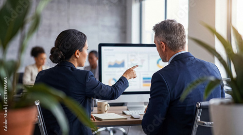 Foto Professional business colleagues collaborating and analyzing data on a computer screen in a contemporary office