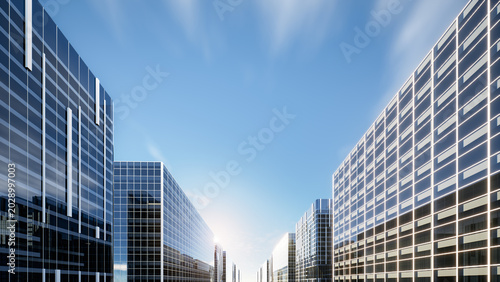 3D rendering of urban environment, sleek glass and office towers rising toward blue sky. Perspective highlights corporate real estate and metropolitan development.