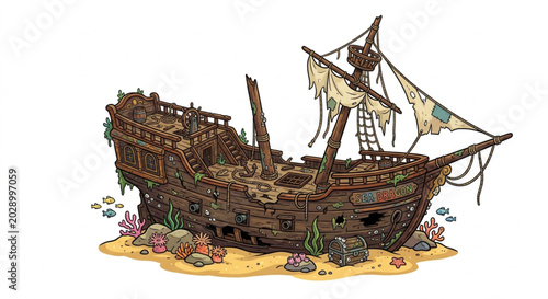 Foto Sunken pirate ship wreck with treasure chest on seabed vector illustration carto