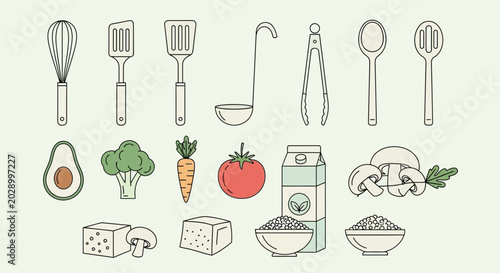 Bild auf Leinwand Set of Hand Drawn Kitchen Utensils and Fresh Ingredients