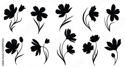 Black flower icons set