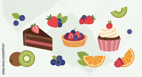 Set of Sweet Desserts and Fresh Fruits Vector Illustration