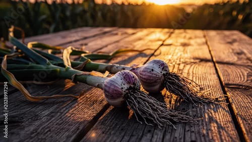 Freshly Harvested Garlic Bulbs on Rustic Wooden Table at Sunset