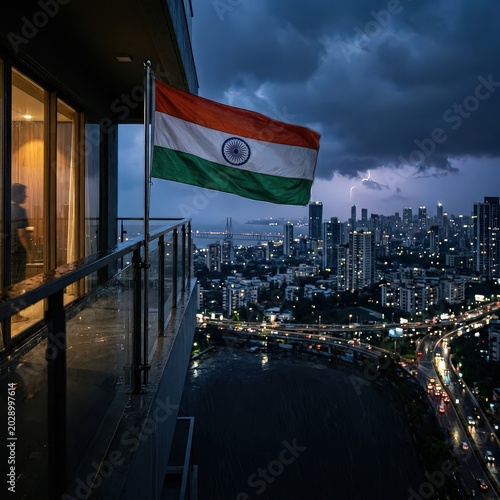 Indian National Flag Waving from High Rise Balcony over Mumbai City at Night