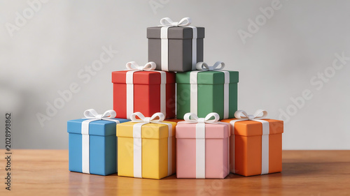 Stacked colorful gift boxes with white ribbons highlighting geometric patterns and contemporary art