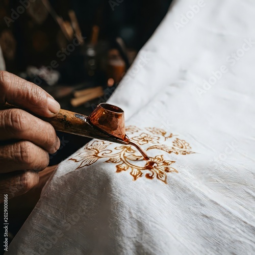 Close up of artisan hand painting traditional batik design with hot wax